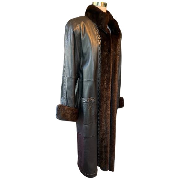 EUC Deep Brown Leather Maxi Coat With Mink Trim Whipstitch Detail Fits Wmns M/L - Picture 2 of 12